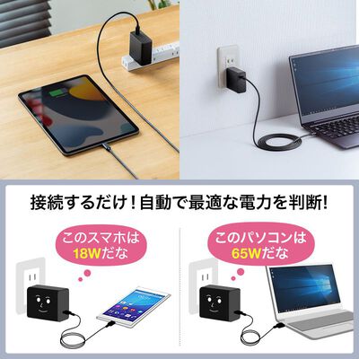 サンワサプライ  ACA-PD91BK (USB PD対応AC充電器 PD65W・Type-Cケーブル付き) 