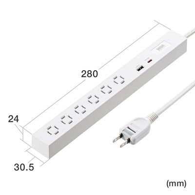 サンワサプライ  TAP-SLIM6UC-3W (スリムタップ AC6個口・A1＋C1・PD33W・3m・ホワイト) 