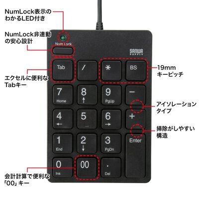 サンワサプライ  NT-18CUHBK USBテンキー（Type-Cコネクタ・USB2.0ハブ付き） 