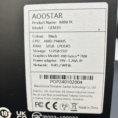 【熊本浜線店】中古  AOOSTAR GEM10(Ryzen 9 7940HS/32GB/SSD4TB/W11P) 5370001048 
