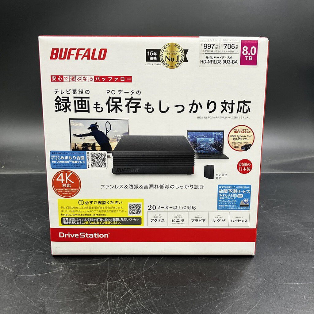 中古 BUFFALO HD-NRLD8.0U3-BA(USB3.1 外付HDD 8TB 黒