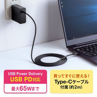 サンワサプライ  ACA-PD91BK (USB PD対応AC充電器 PD65W・Type-Cケーブル付き) 