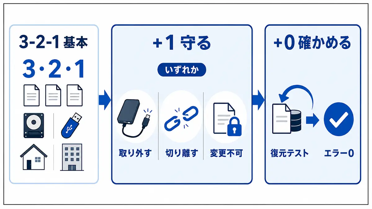 3-2-1-1-0ルールの構成イメージ（不変・隔離コピーとエラーゼロ確認）