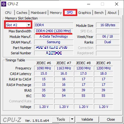 「CPU-Z」 というツールを使ってメモリ規格を確認する方法もあります。SPDという欄から搭載されているメモリをチェックすることが可能です。