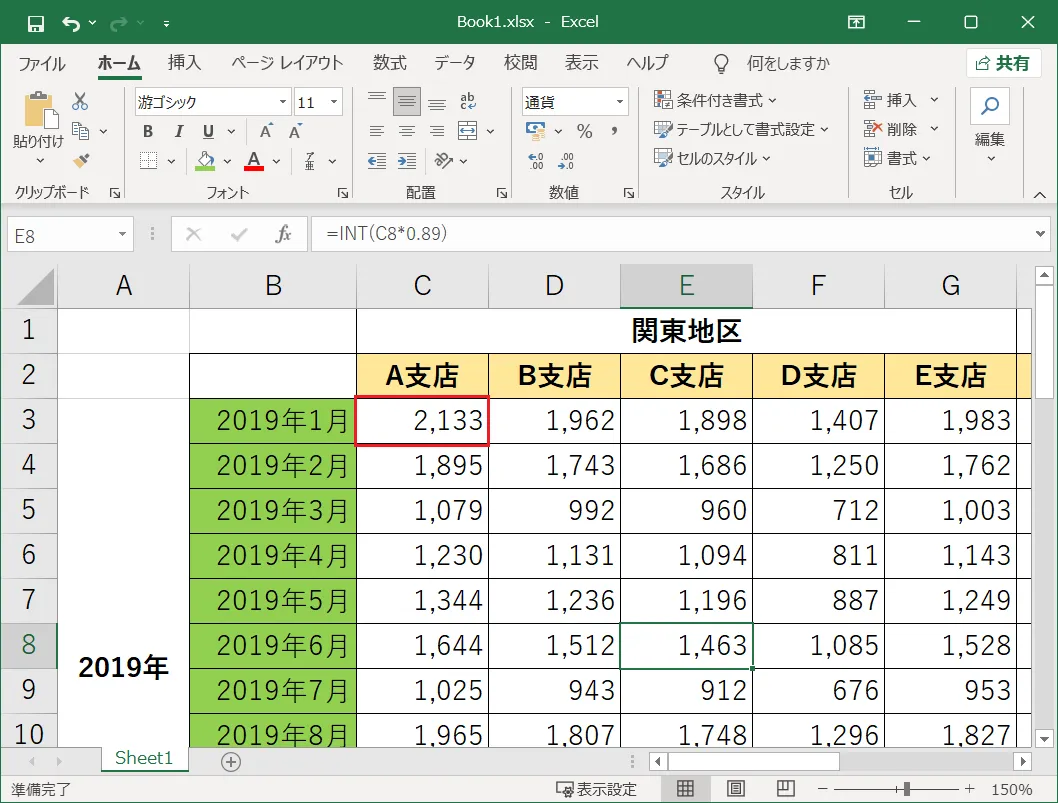 たとえば「1行目と2行目」と「A列とB列」を同時に固定したい場合には「C3セル」をクリックします。