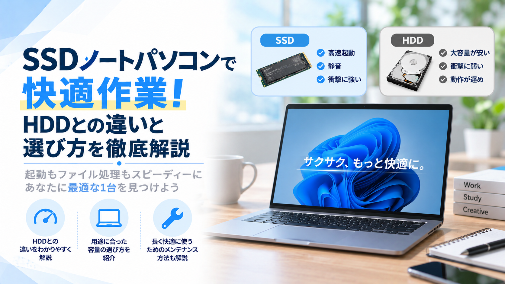 SSDノートパソコンで快適作業！HDDとの違い選び方を徹底解説