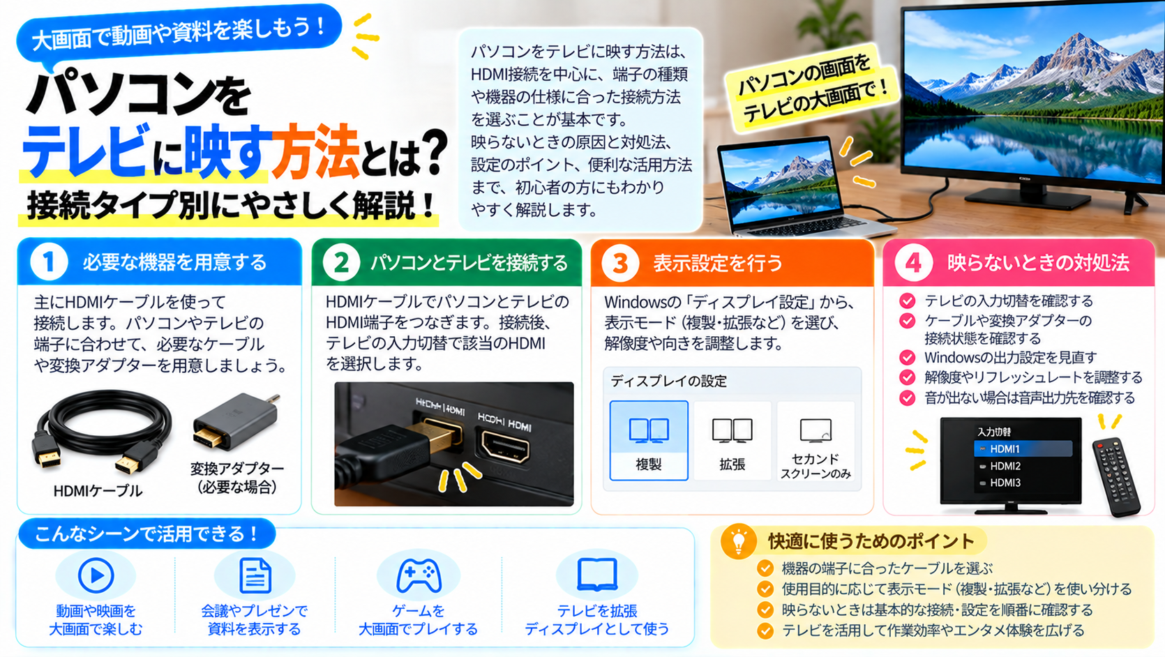 パソコン テレビ パソコンをテレビに映す方法｜接続や設定をわかりやすく解説