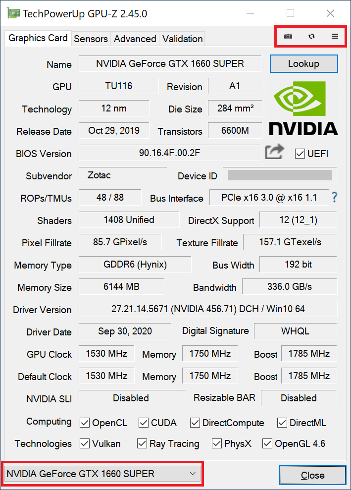 GPU-Zウィンドウ共通で表示される「右上のアイコン」と「左下にあるグラフィックボードの切り替えメニュー」について紹介をします。