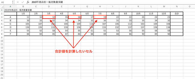 例：商品Aの3月、5月、7月の販売数量を合計する場合