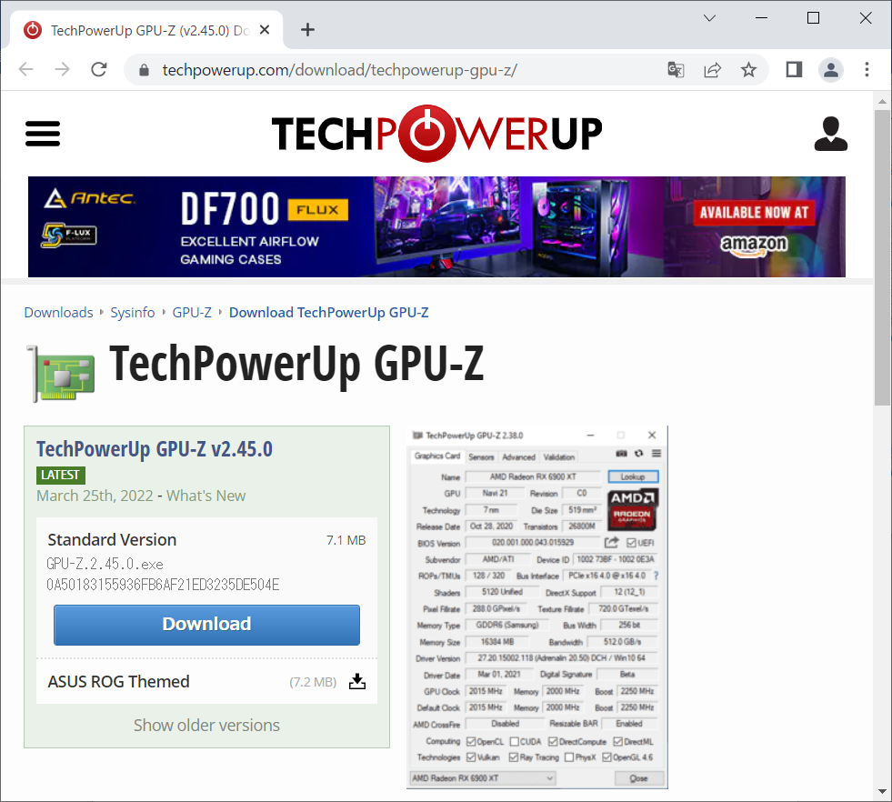 TechPowerUp GPU-Zの公式ダウンロードページにアクセスします。