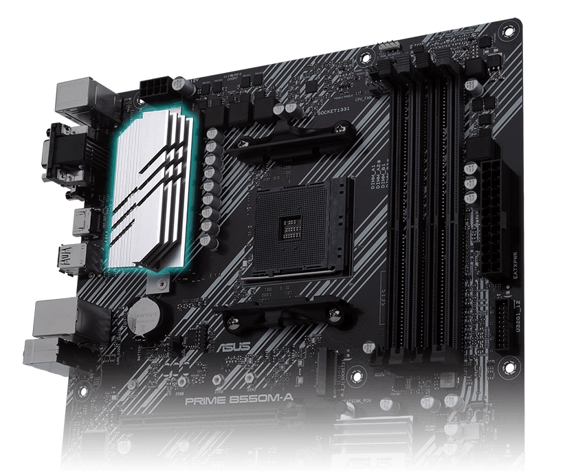 ASUS PRIME B550M-A (B550 AM4 MicroATX)_VRMヒートシンクとサーマルパッド
