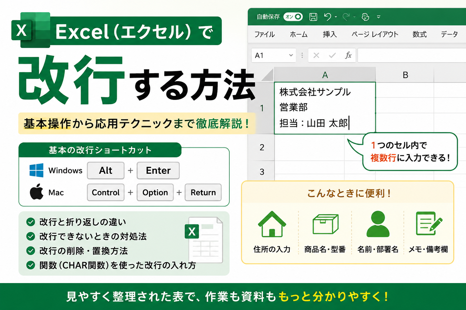 Excel（エクセル）で改行する方法｜セル内で改行する手順をわかりやすく解説
