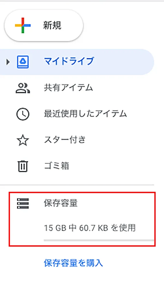 Google ドライブのページを開くと、左側に「保存容量」という項目があります。