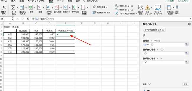 設定した論理式の条件によって計算した結果が、予算達成の可否に「◯」、「×」で表示されます。