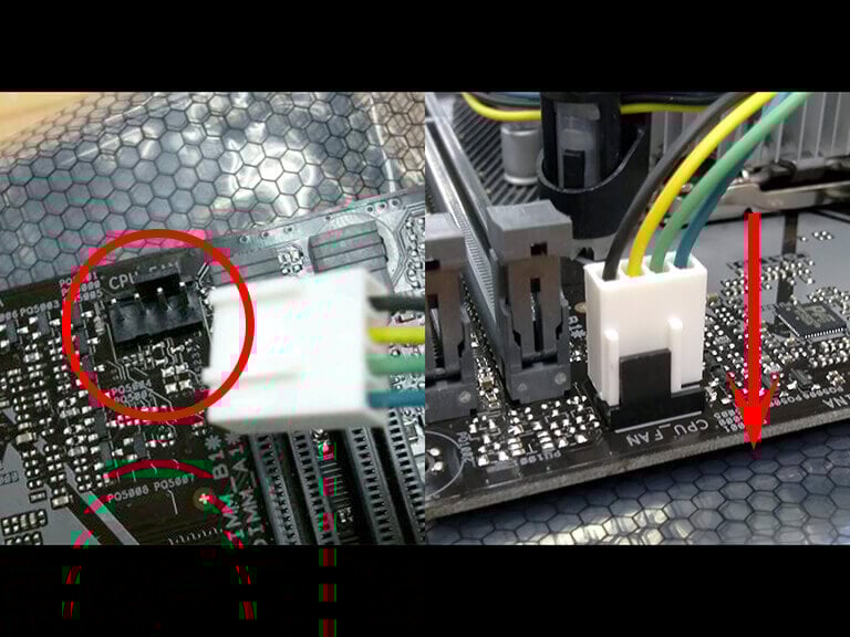 CPUクーラーから伸びている4ピンのファン端子をマザーボードのCPU＿FANコネクタへ接続して完了です。