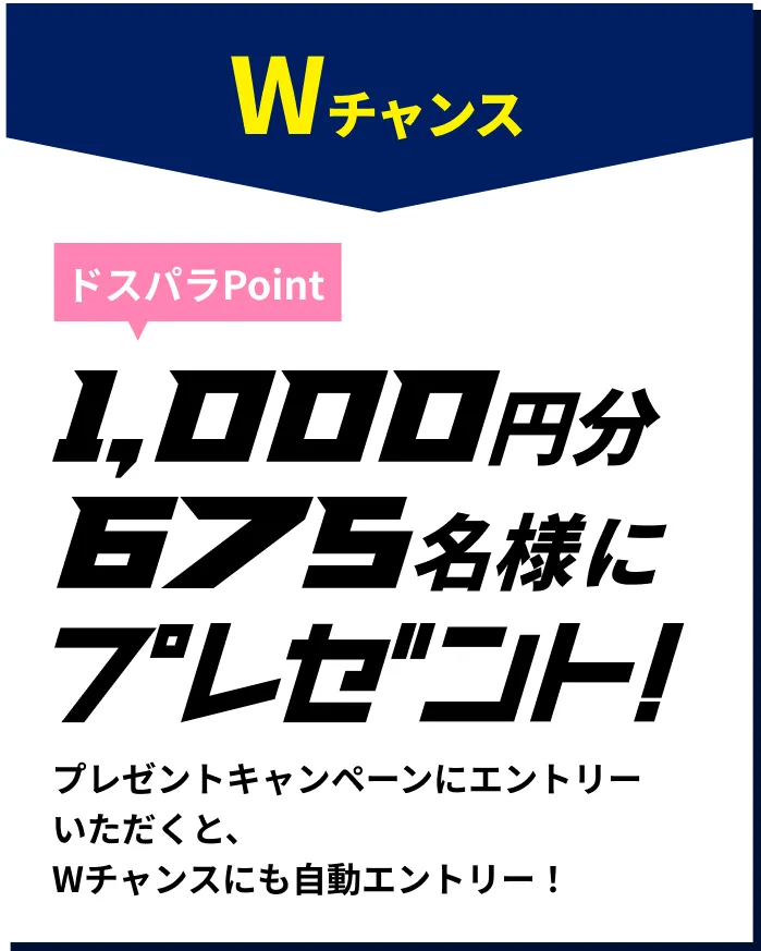 Wチャンス ドスパラPoing 1,000円分 675名様にプレゼント! プレゼントキャンペーンにエントリーいただくと、Wチャンスにも自動エントリー！
