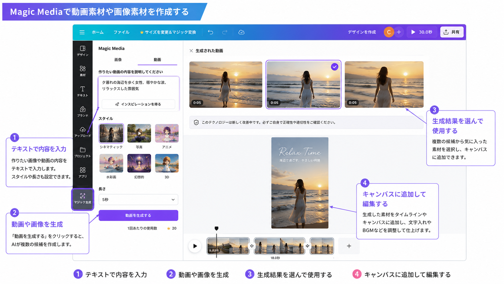 CanvaのMagic Mediaで動画素材や画像素材を作成する画面イメージ