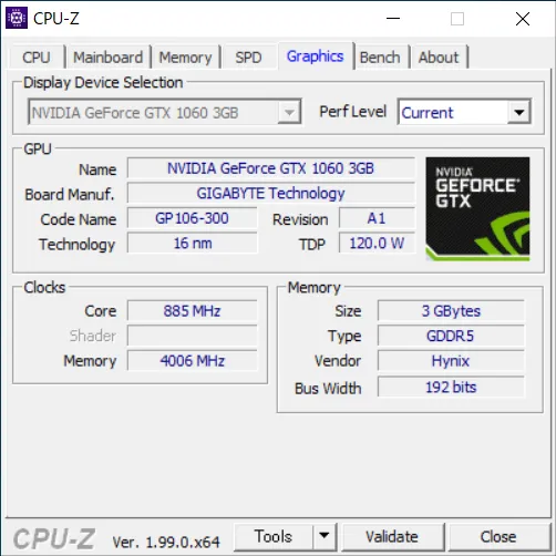 CPU-Zの「Graphics」項目では以下のような内容がわかります。