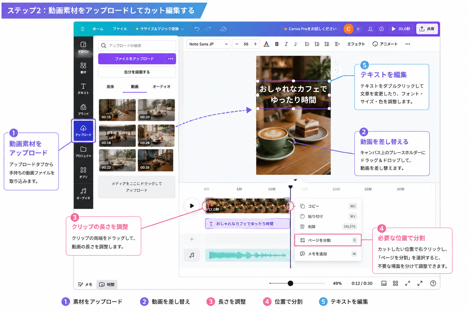 Canvaで動画素材をアップロードしてカット編集する画面イメージ