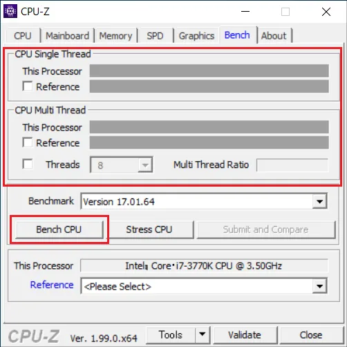 CPU-Zの「Bench CPU」：CPUのスコア計測用