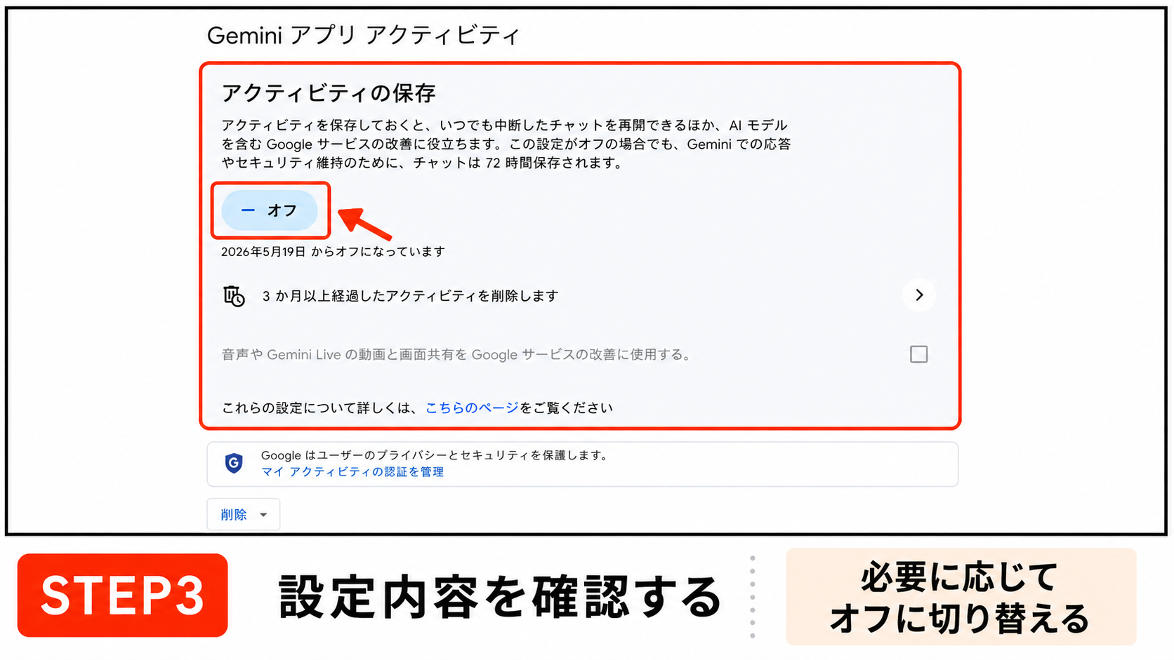 Geminiのアクティビティ設定を確認する画面