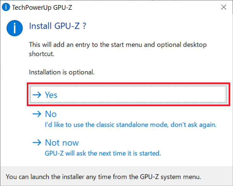 「Install GPU-Z?」GPU-Zインストールオプションウィンドウが表示されますので「YES」をクリックし、インストールを実行します。