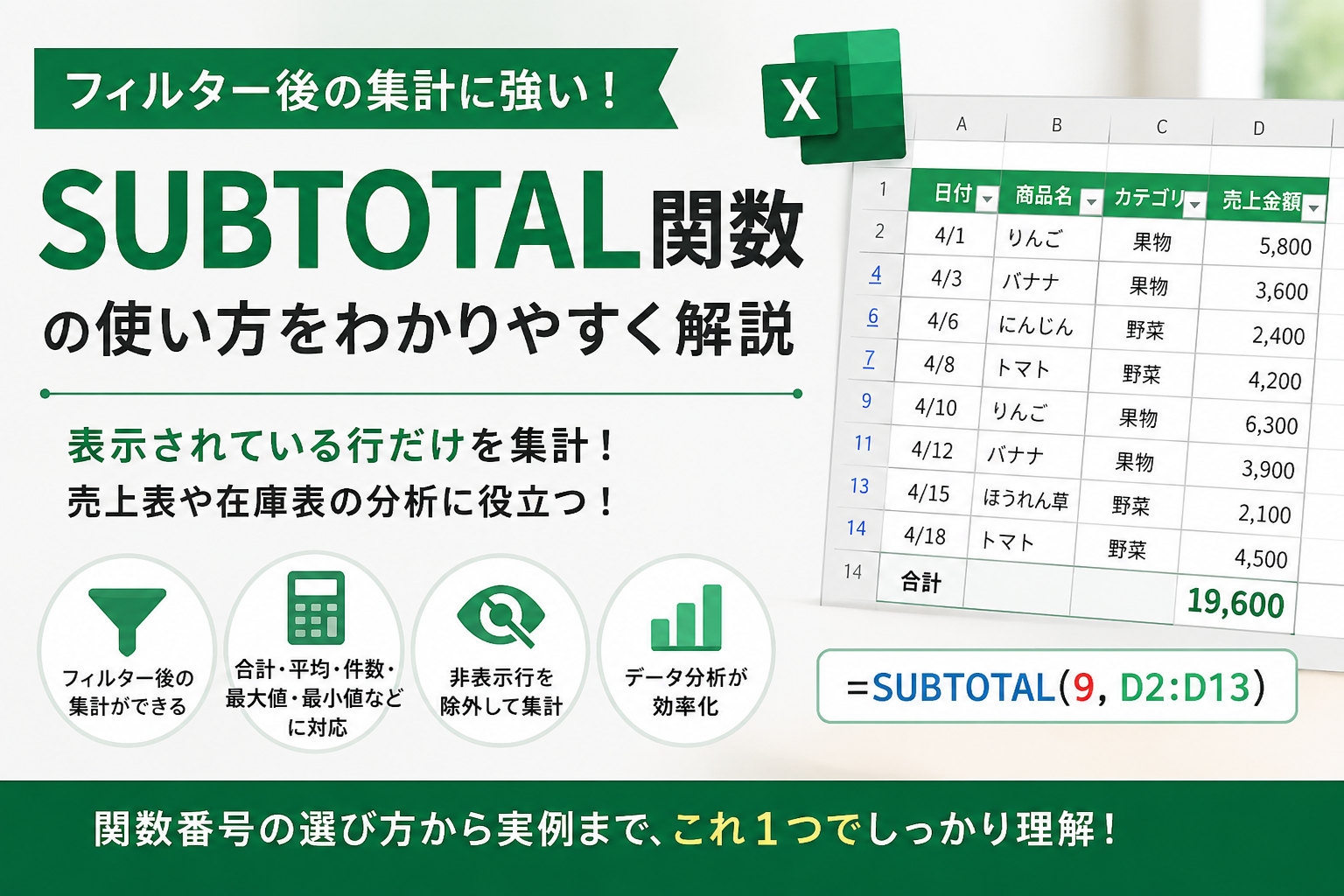 SUBTOTAL関数の使い方と集計方法をわかりやすく解説