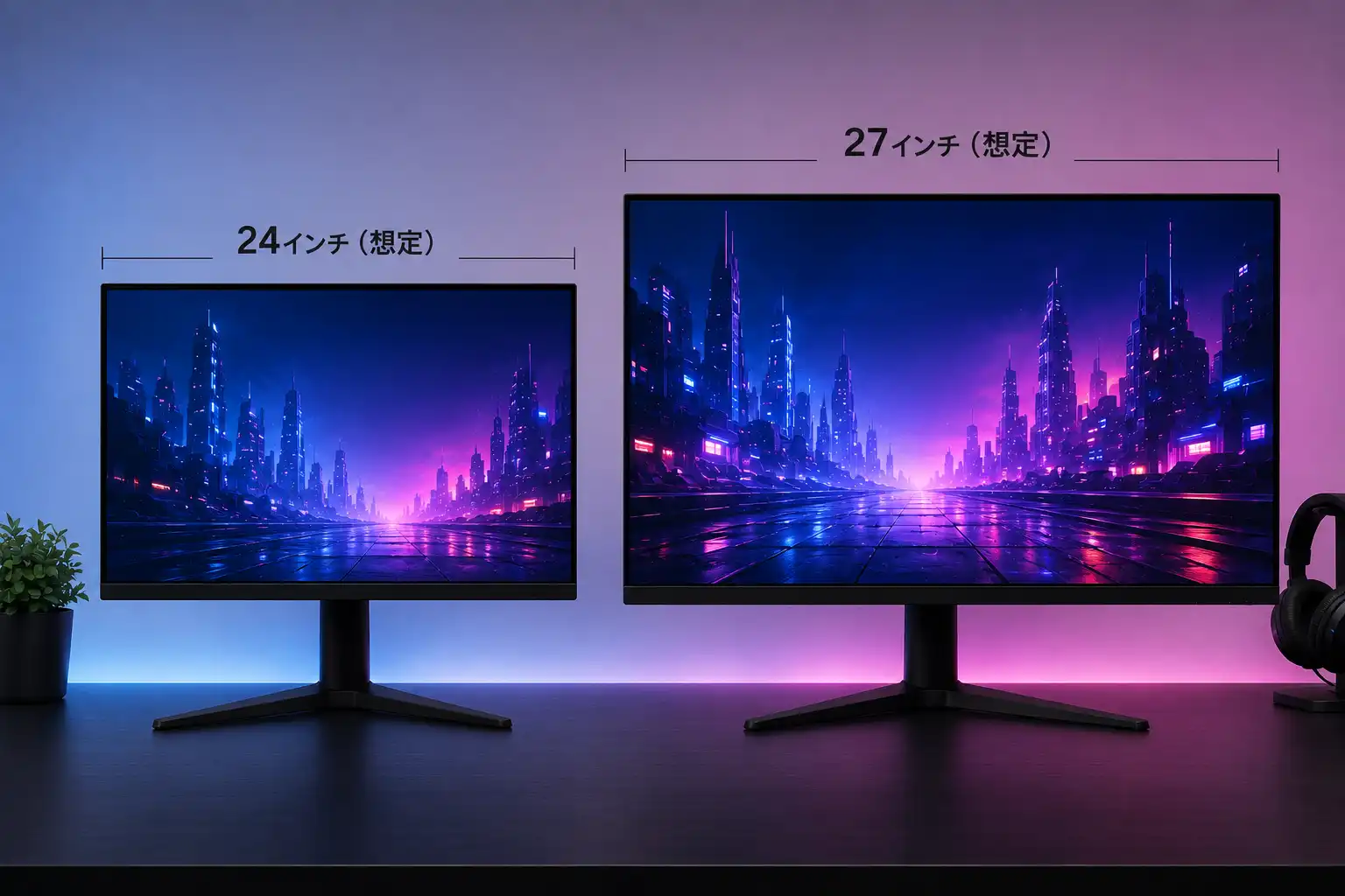 24インチと27インチのゲーミングモニターのサイズ比較イメージ