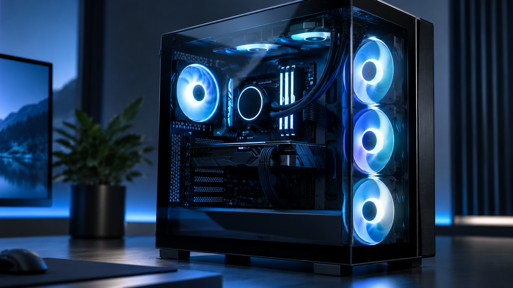 ピラーレスPCケースの側面から見えるARGBリバースファンのライティング