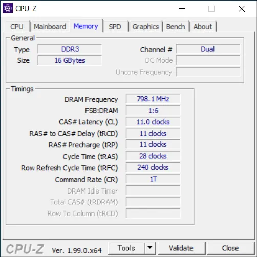 CPU-ZのMemory（メモリ）の項目では、以下のような内容がわかります。