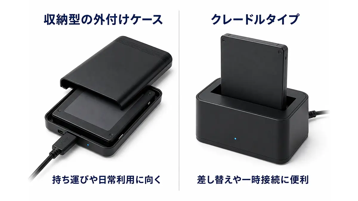 収納型の外付けケースと、SSDを上から挿して使うクレードルタイプの比較図