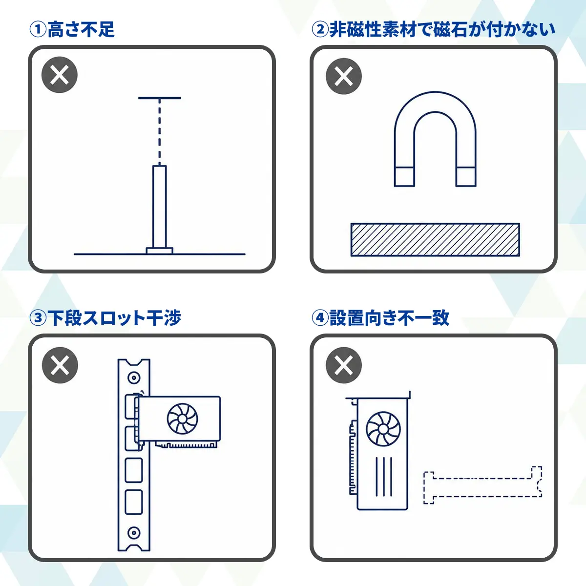 同梱のサポートステーが使えない4つのケースを示す図解