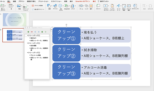 スライドにSmartArtが挿入されたら、テキストを入力するだけで図形の挿入が完了します。