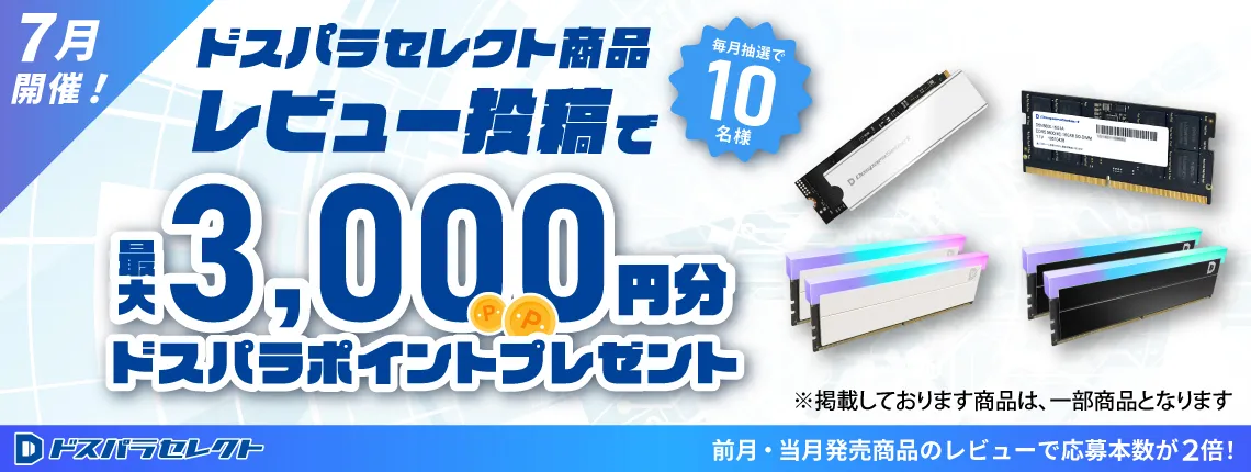 ドスパラセレクト商品レビュー投稿で最大3,000円分ドスパラポイントプレゼント