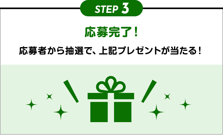 STEP3 応募完了！ 応募者から抽選で、上記プレゼントが当たる！