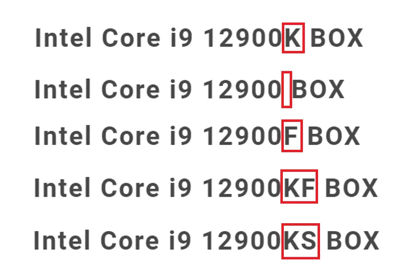 Intel CPUの型番の末尾（BOXの表記のひとつ前の部分）に「アルファベットが記載されているもの」や「無印（記載がないもの）」があります。