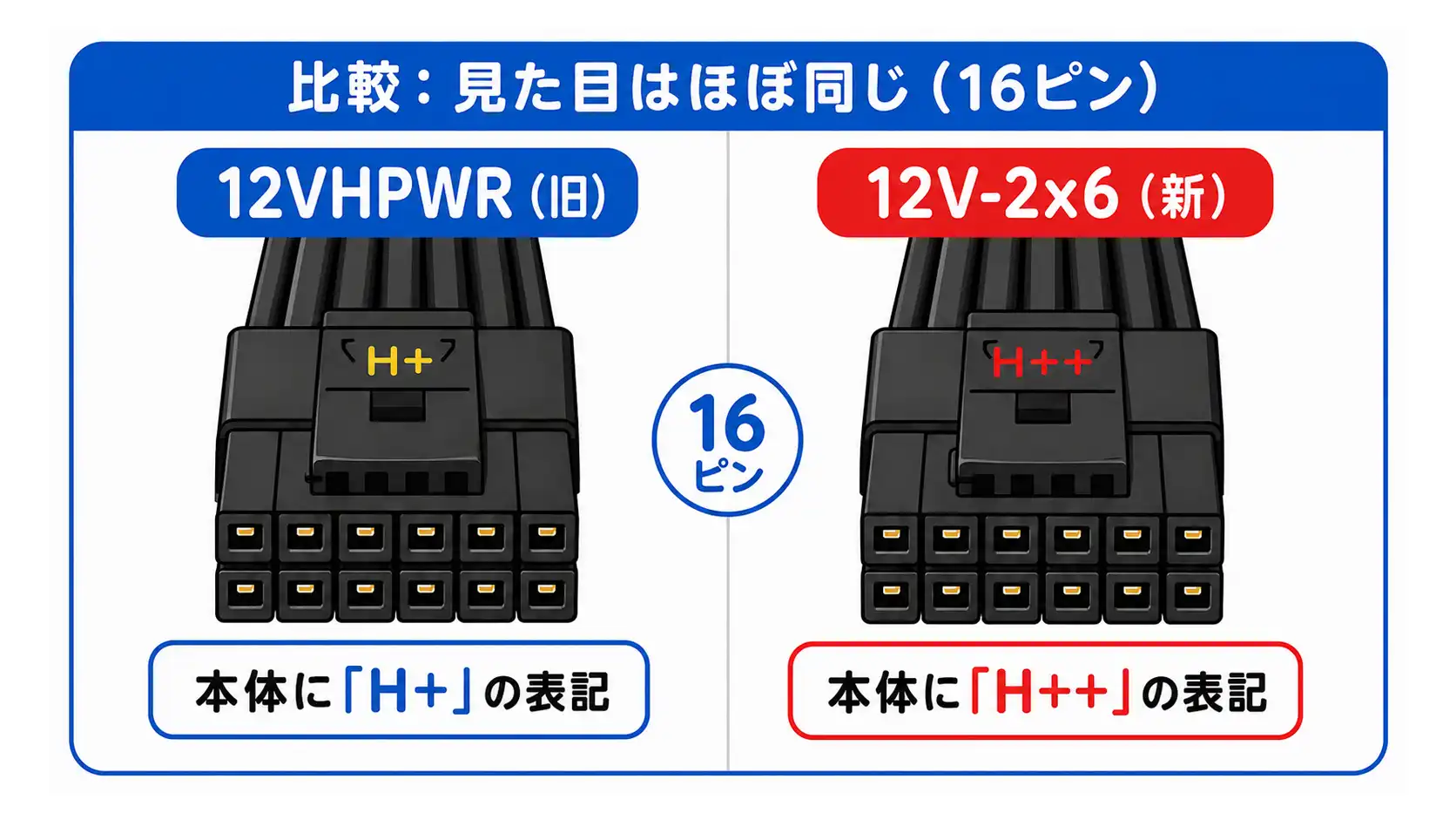 12V-2x6コネクタの形状（16ピン）実物イラスト：太いピン12本（電源）と細いピン4本（センス）が確認できる