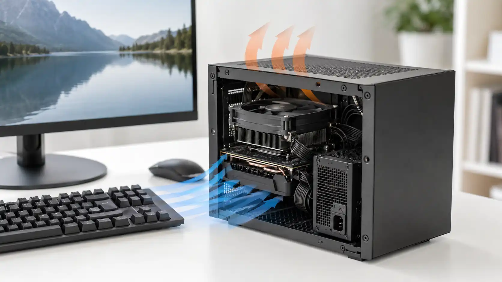 ミニPCの内部にこもる熱と、ケース内の吸気・排気の流れを示すメインビジュアル