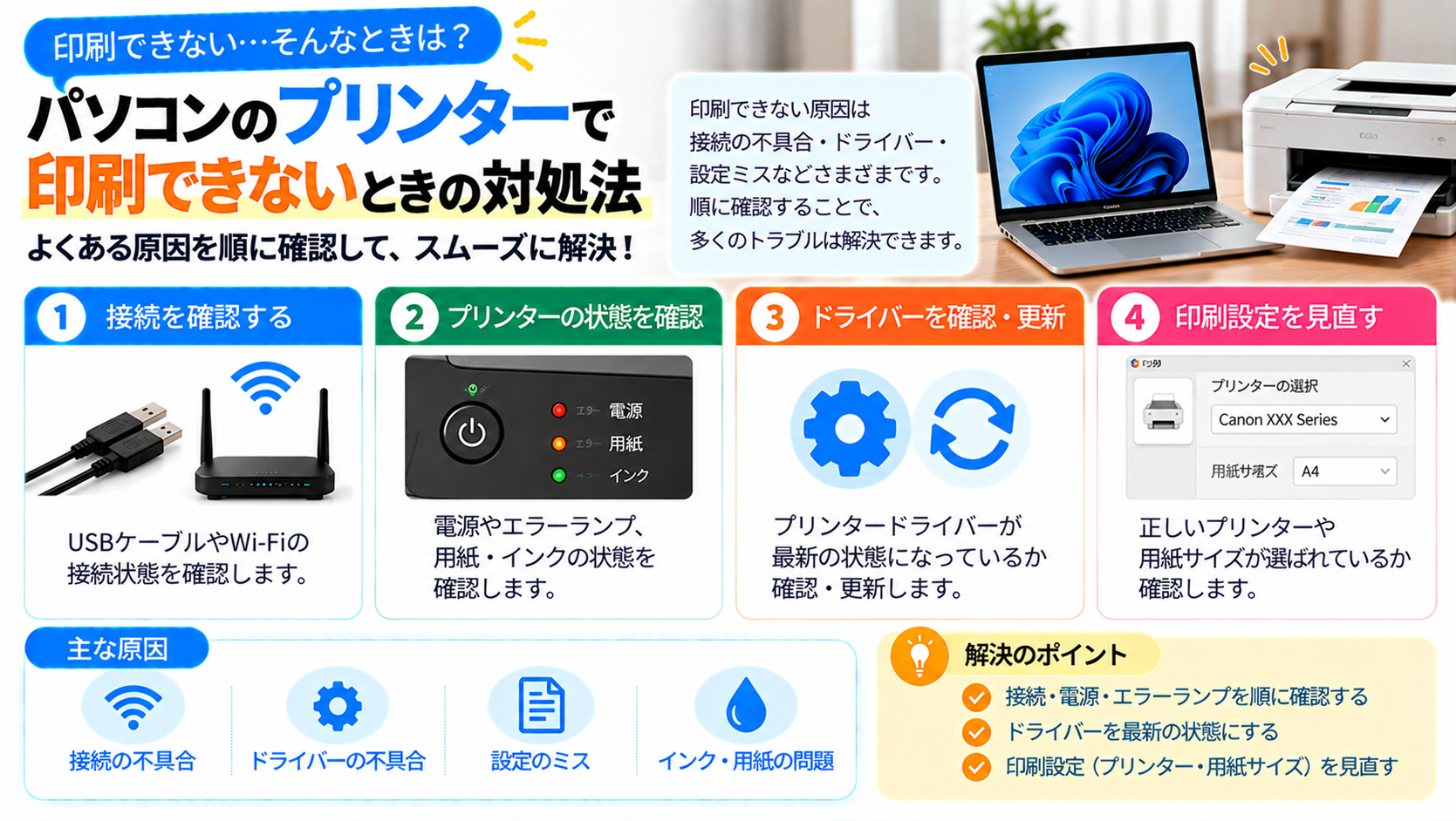 パソコンのプリンターで印刷できないときの原因と対処法まとめ