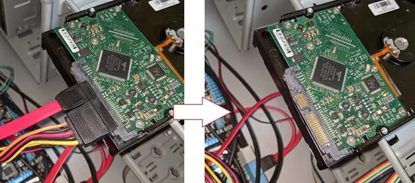 まずはHDDへ付いているSATAケーブル・電源ケーブルを取り外しましょう。