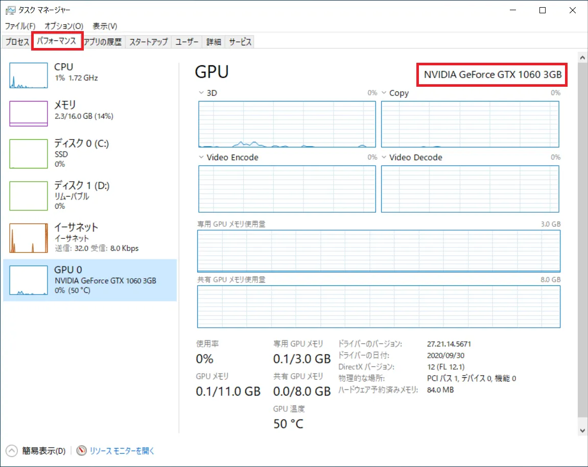 表示されたウィンドウの右上にグラフィックボードの名前を確認することができます。