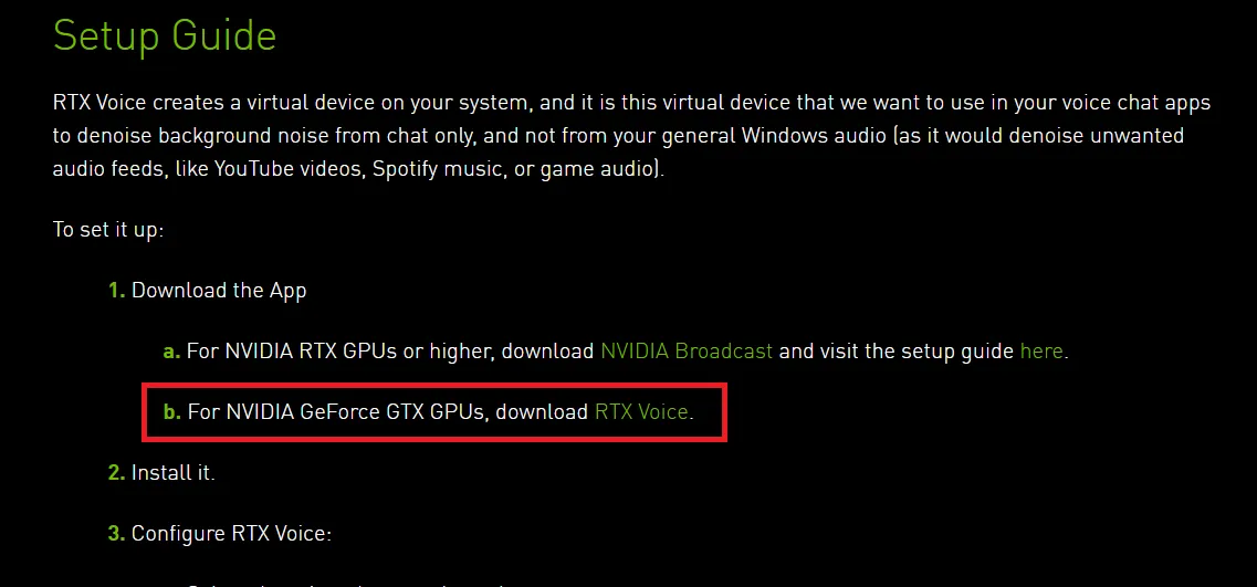 b. For NVIDIA GeForce GTX GPUs, download NVIDIA RTX Voice.から「NVIDIA_RTX_Voice.exe」をダウンロードします。