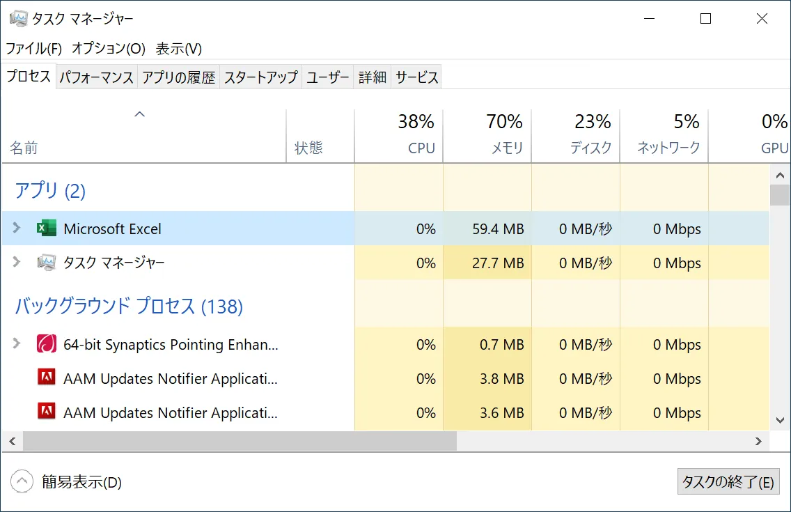 「プロセス」タブの中の、終了したいアプリケーションの行をクリックします。