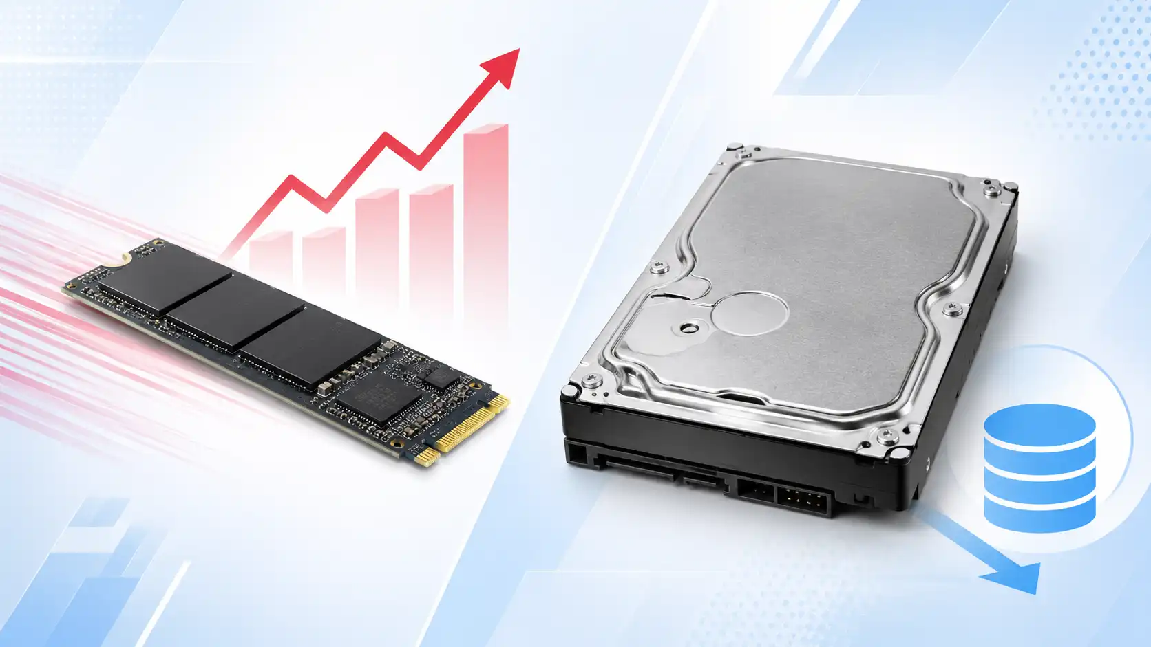 SSD価格上昇とHDDの使い分けをイメージしたキービジュアル