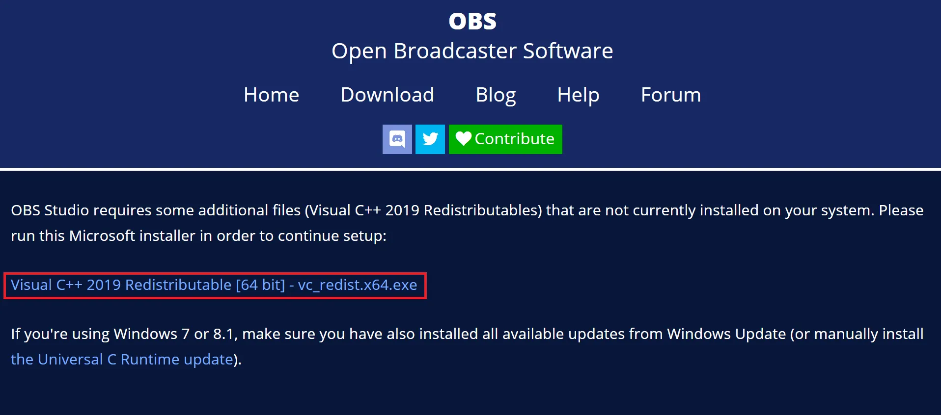 この場合はブラウザで新しい英語のページが表示されますので、「Visual C++」からはじまる「.exe」ファイルをクリックしてダウンロードします。