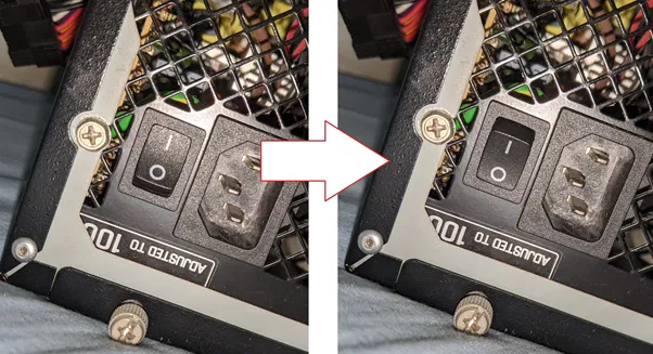 BTOパソコンをシャットダウンして、PC背面にある電源スイッチを切りましょう。(│→◯)