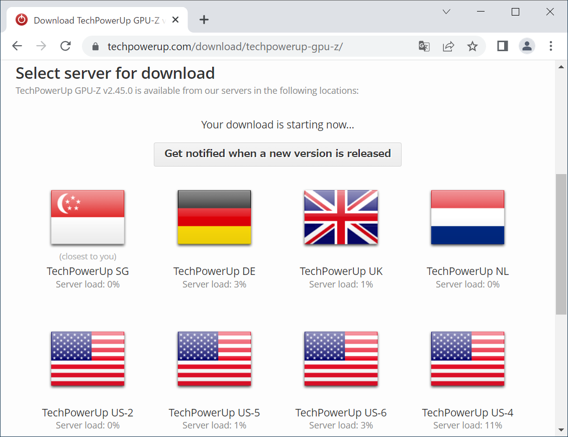 遷移した画面で「Select server for download」という文言の下に国旗が並んでいます。