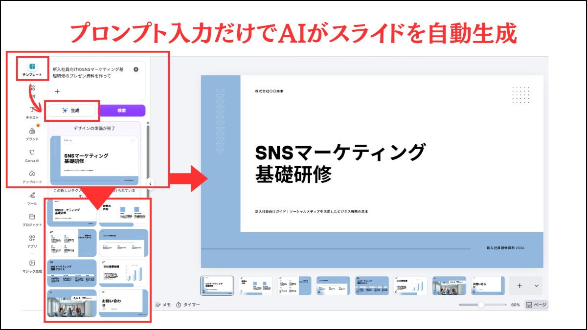 CanvaのAI機能『Magic Design』でのスライド自動生成