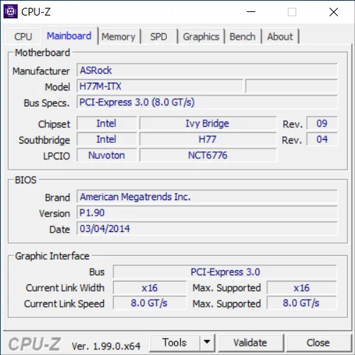 CPU-ZのMainbord（マザーボード）の項目では、以下のような内容がわかります。