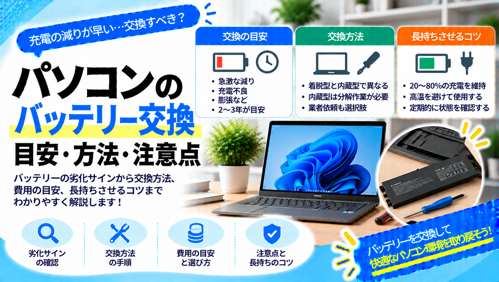 パソコンバッテリー交換の目安・方法・注意点を紹介